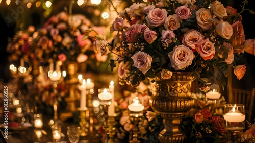 Captivating wedding decor accentuated by rose flower arrangements in varying shades, accompanied by flickering candles that cast enchanting shadows © Nazia
