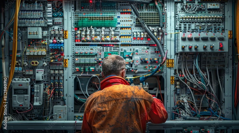 Comprehensive electrical safety maintenance and testing by skilled repairman. Technician inspecting voltage and circuit connections at the main power distribution board hyper realistic 