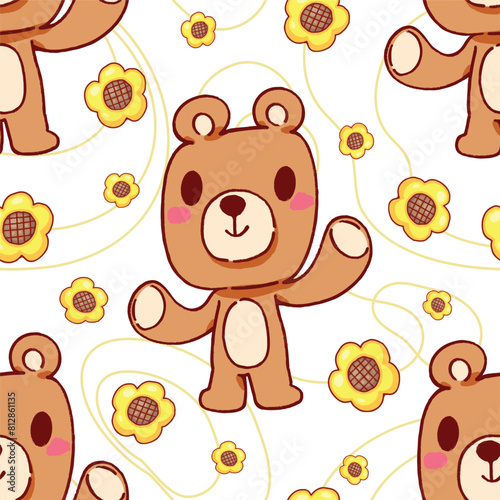 Seamless pattern of adorable brown bear and bright yellow sunflowers. Pattern for fabric and wrapping paper, Pattern for design wallpaper and fashion prints.