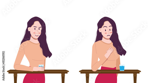flat character of adult female with shirt outfit standing pose with table and glass of water