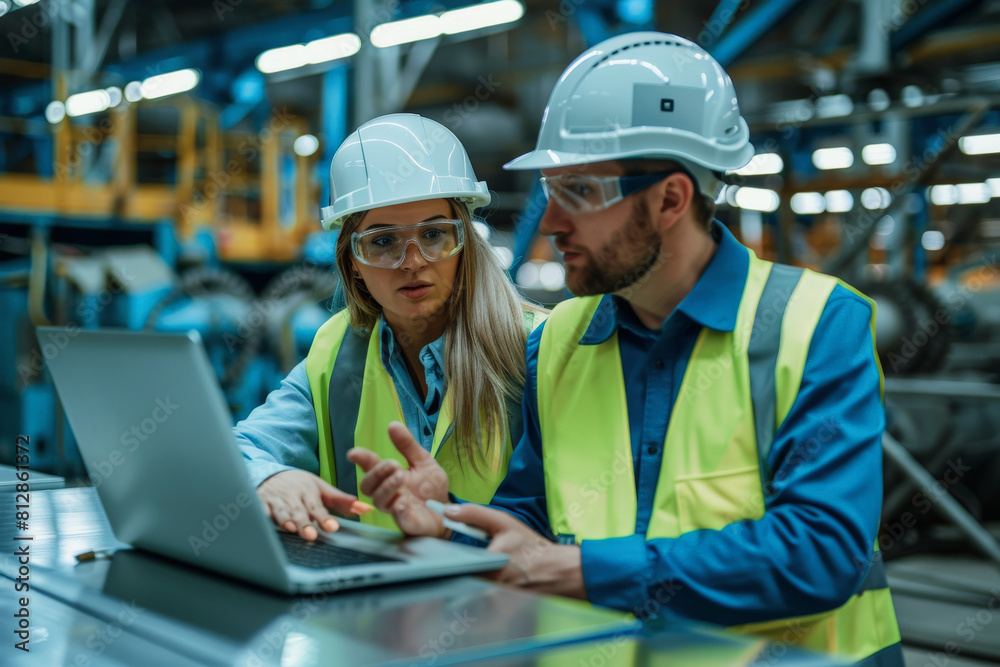 Two industrial workers wearing hard hats and high-visibility vests are discussing over a laptop in a manufacturing plant with machinery in the background. Two industrial workers wearing hard hats and high-visibility vests are discussing over a laptop in a manufacturing plant with machinery in the background.
