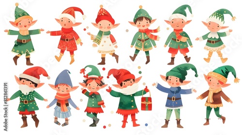 Whimsical Winter Holiday Elf Costume Characters in Festive Scene