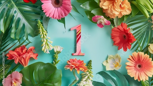 Creative layout with colorful flowers leaves and number one Anniversary conceptFlat lay : Generative AI photo