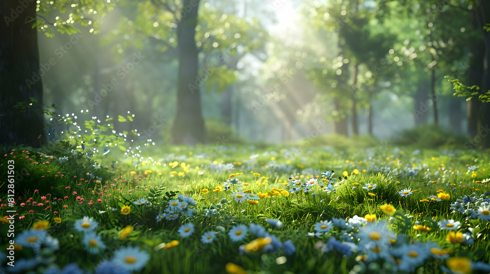 Lively Forest Floor in Spring: Untamed Beauty of Wildflowers and New Life   Stock Photo Concept