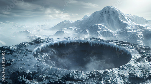 Frosty Beauty: A Frozen Crater Atop a Dormant Volcano   A Stunning Contrast of Icy Cover and Dark Volcanic Rock Below   Photo Stock Concept