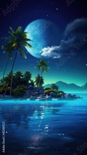 Small tropical island with palm trees, calm ocean water, dark moonlit starry night sky