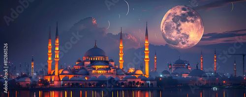 ethereal glow of the mosque in moonlight