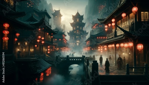 Ancient Chinese city illuminated by red lanterns in a foggy mystical evening setting photo