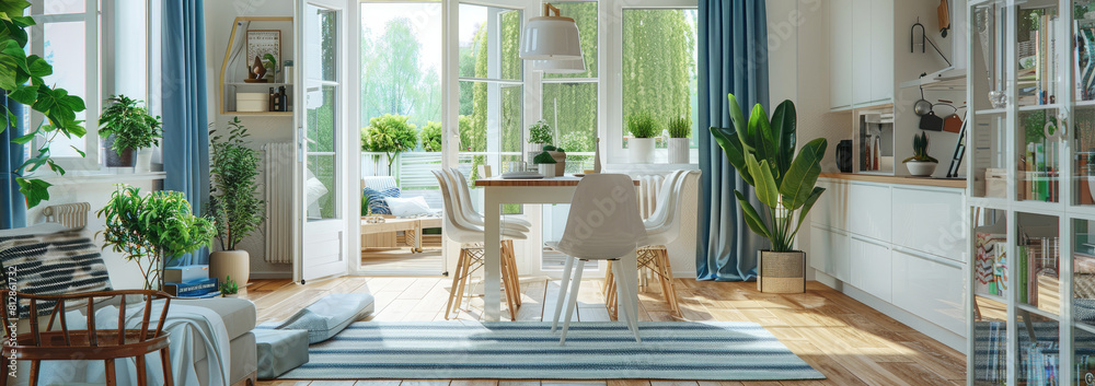 modern open plan living room and dining area in an apartment, white ...