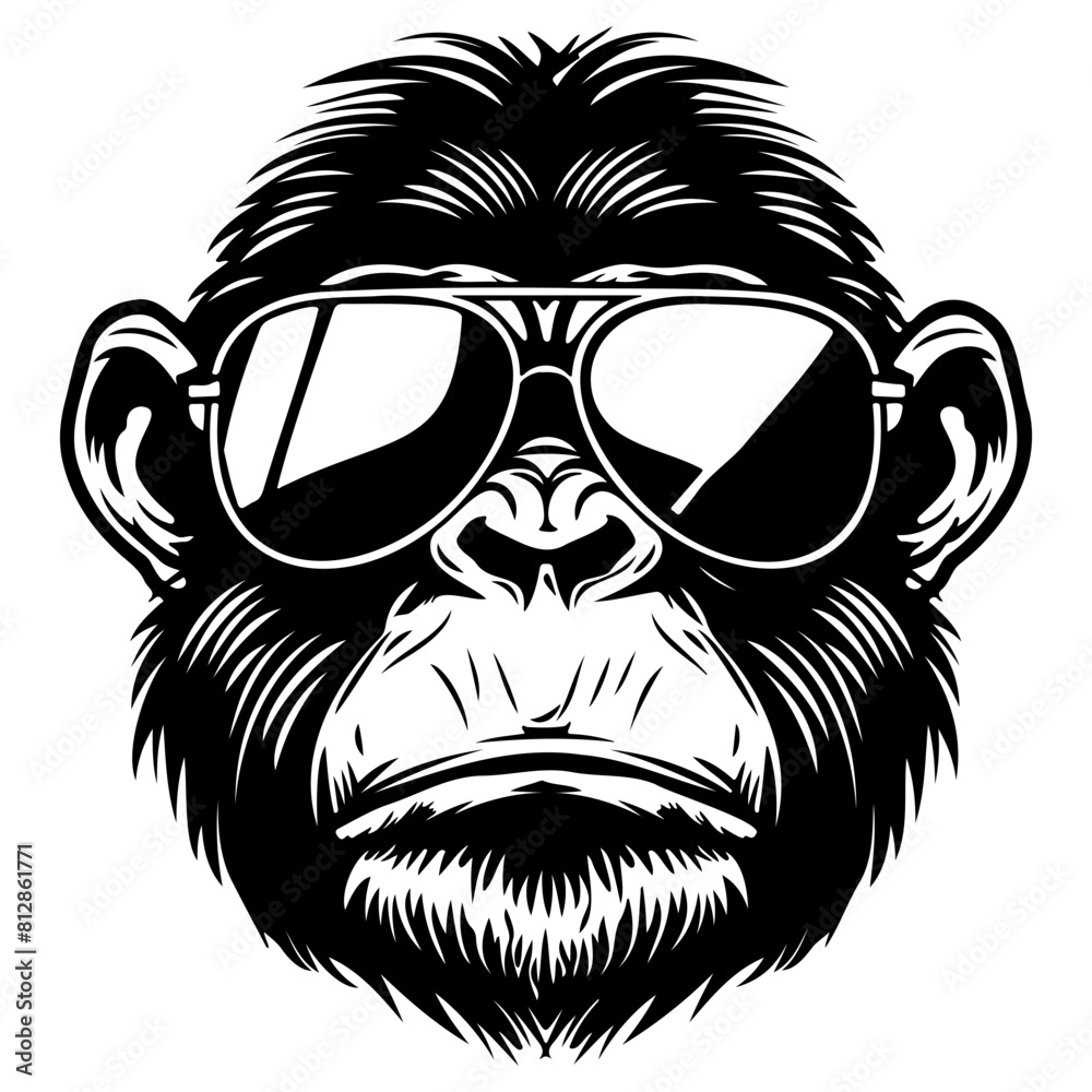 Obraz premium Cool ape wearing sunglass black silhouette logo svg vector, buffalo icon illustration.