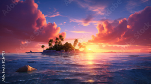 Small tropical island with palm trees, calm ocean water, vibrant sunset or sunrise sky