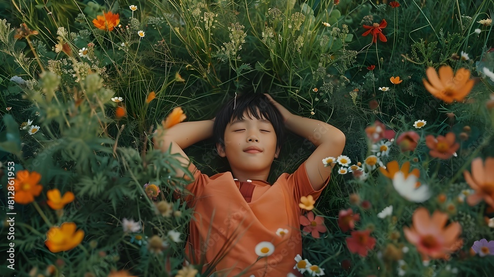 Relaxed Asian Boy in Enchanting Meadow Surrounded by Nature Relaxed Asian Boy in Enchanting Meadow Surrounded by Nature