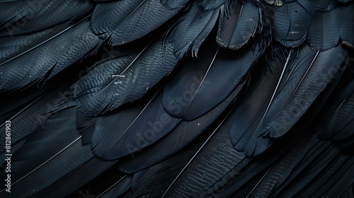 Halloween background with black raven feathers on dark grunge backdrop Horror gothic abstract design with copyspace Closeup of bird wing texture : Generative AI