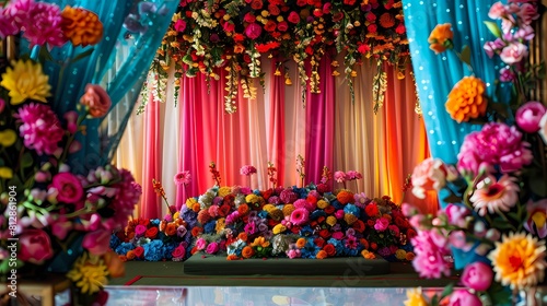 Detailed Mehndi decorations featuring a beautiful array of flowers in different shades, creating a vibrant and captivating backdrop for celebrations © Nazia