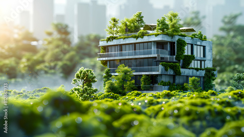 Green Building Techniques Concept: Construction Companies Enhancing Energy Efficiency and Sustainability with Photo Realistic Imagery of Eco Friendly Structures