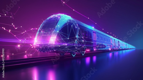 Digital low poly wireframe. futuristic high-speed train. Future logistics modern technology, transport concept Abstract 3d blue purple. connected dots. color mesh hyper realistic  © Business Pics