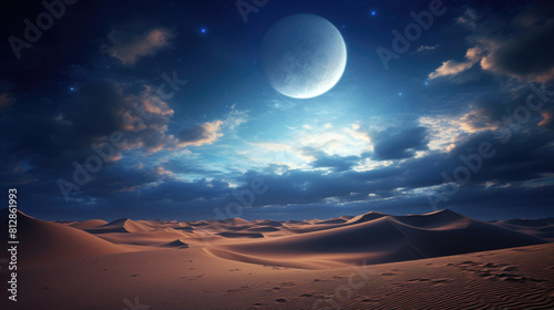 Sand dunes under moon and star filled sky with clouds  night dramatic desert landscape