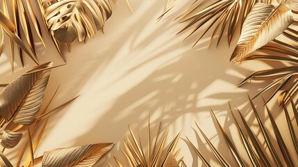 Creative layout made of colorful and golden tropical leaves and palms on beige background Minimal summer exotic concept with copy space Border arrangement background : Generative AI