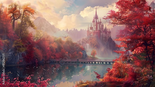 dreamy surreal fantasy landscape. in autumn colours, digital illustration hyper realistic 