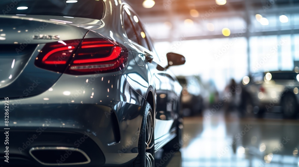 Fototapeta premium Close-up new black car parked in luxury showroom. Car dealership office. New car parked in modern showroom. Car for sale and rent business concept. Automobile leasing and insurance concept.
