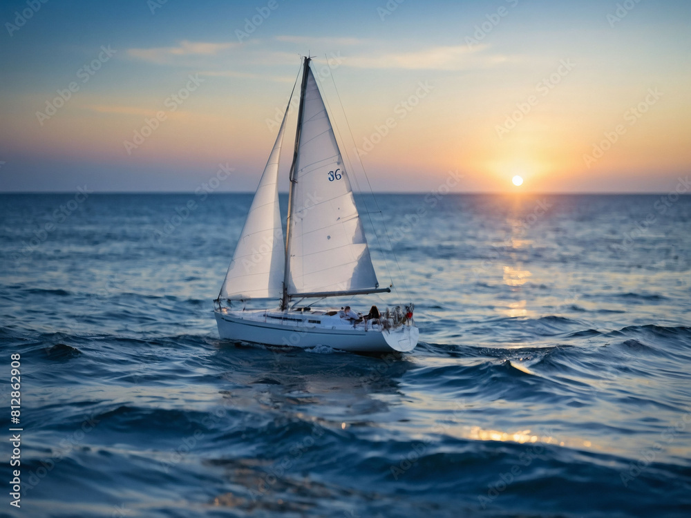 Seaside Elegance, White Sailboat Dances Upon the Blue Waves of the Ocean.