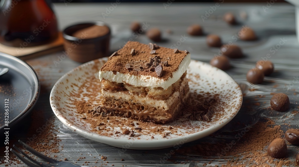 Decadent Slice of Italian Tiramisu Dessert with Cocoa Dusting on Plate Decadent Slice of Italian Tiramisu Dessert with Cocoa Dusting on Plate