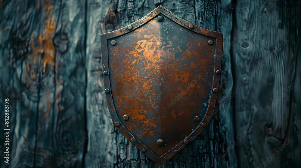Fototapeta premium Weathered Metallic Shield Symbolizing Investment Risk Management