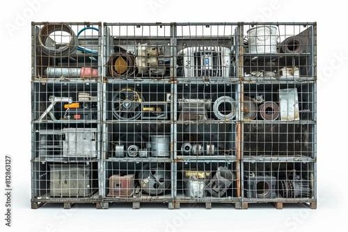 A metal storage cage overflowing with assorted parts photo