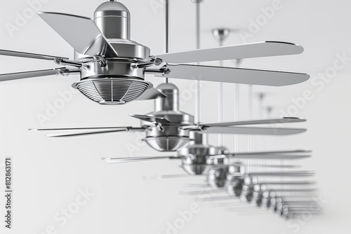 A row of industrial-sized ceiling fans, depicted with precise lines, isolated on white background
