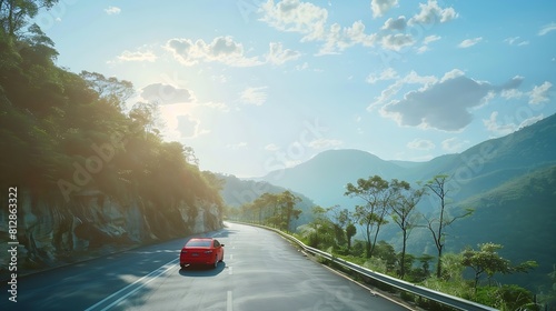 Road landscape with red car in beautiful nature car drive on highway scenery View of travel by car on mountain road on sunny day summer vacation trip by car on highway by the green mou : Generative AI © Generative AI