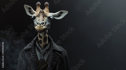 Anthropomorphic giraffe in stylish outfit, dramatic backlight, moody vibe