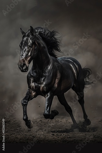 Black horse in motion  dark dramatic lighting  powerful pose  artistic composition