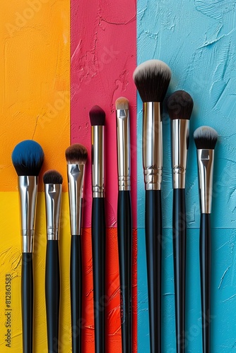 Array of colorful makeup brushes on a multicolored background, neatly arranged in a row photo