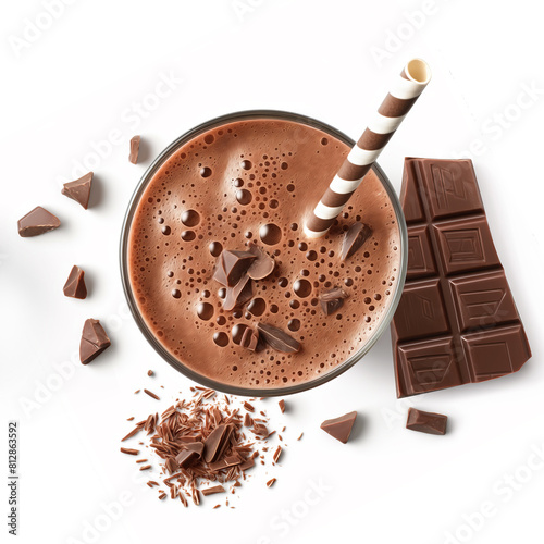 Glass of chocolate milkshake isolated on white background from top view
