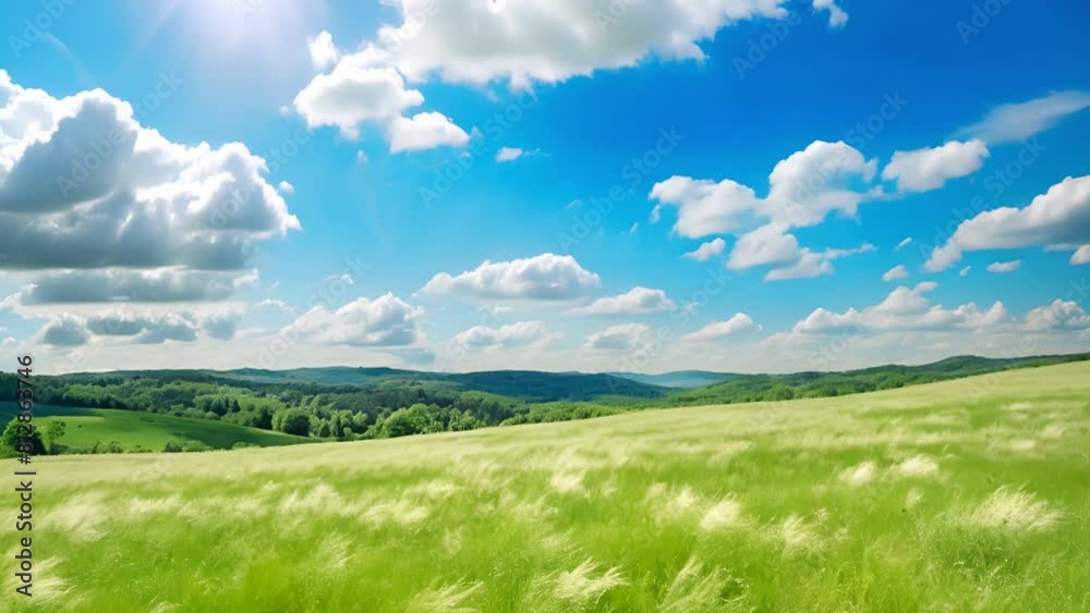 Landscape of green grass field with blue sky and small hills , Summer nature landscape background Landscape of green grass field with blue sky and small hills , Summer nature landscape background