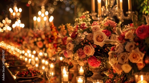 Enchanting wedding decorations featuring intricate rose flower arrangements in a spectrum of colors, enhanced by the soft glow of flickering candles