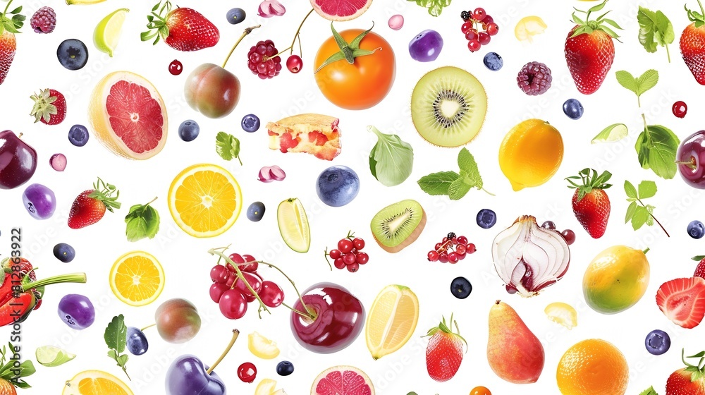 Horizontal seamless pattern from healthy fruits vegetables and berries isolated on white background : Generative AI Horizontal seamless pattern from healthy fruits vegetables and berries isolated on white background : Generative AI