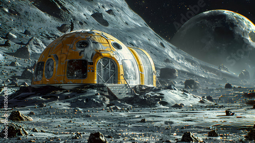 Photo realistic Lunar Base Construction concept for long term human habitation and research on the moon s surface. Construction of a lunar base in Photo Stock Concept photo