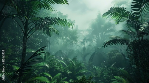 Exotic foggy forest. Jungle panorama  forest oasis. Foggy dark forest. Natural forest landscape. 3D illustration. hyper realistic 