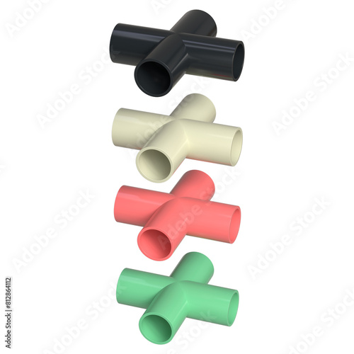 3d realistic 4ways circular PVC PPR pipe rendering. 