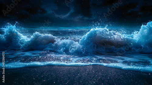 Midnight Glow: Waves Crashing on Dark Beach with Mystical Blue Glow under Moonlight