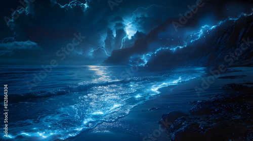 Photo realistic Midnight Glow on the Shore concept: Waves crashing on a dark beach emitting a mystical blue glow under the moonlight