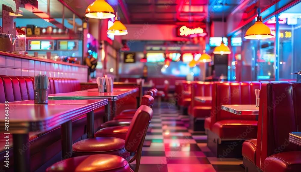 Retrostyle fast food restaurant interior with classic red seating and vibrant lighting