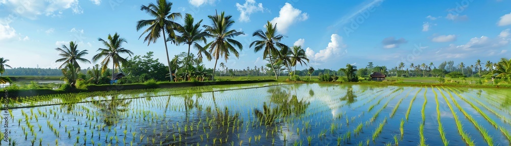 Rice paddies bordered by palm trees under a bright blue sky, water glistening in the sun as young seedlings form neat rows across the flooded fields, aerial perspective Rice paddies bordered by palm trees under a bright blue sky, water glistening in the sun as young seedlings form neat rows across the flooded fields, aerial perspective
