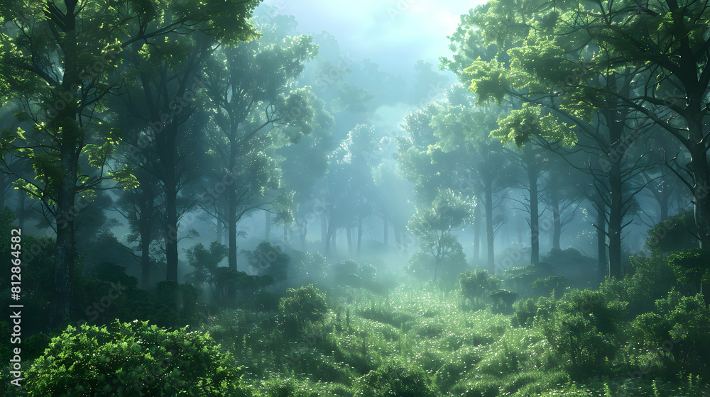Mystical Morning: Misty Old Growth Forest   A mesmerizing glimpse into the ancient allure of an old growth forest, enhanced by the ethereal mist of a mystical morning. Photo realis