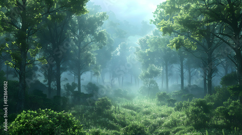 Mystical Morning: Misty Old Growth Forest A mesmerizing glimpse into the ancient allure of an old growth forest, enhanced by the ethereal mist of a mystical morning. Photo realis