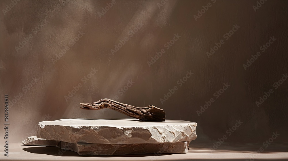 Empty stone podium with lights and shadows on brown background Minimal backdrop Round natural rock and piece of driftwood Abstract pedestal or showcase for presentation Minimal wabi sa : Generative AI Empty stone podium with lights and shadows on brown background Minimal backdrop Round natural rock and piece of driftwood Abstract pedestal or showcase for presentation Minimal wabi sa : Generative AI