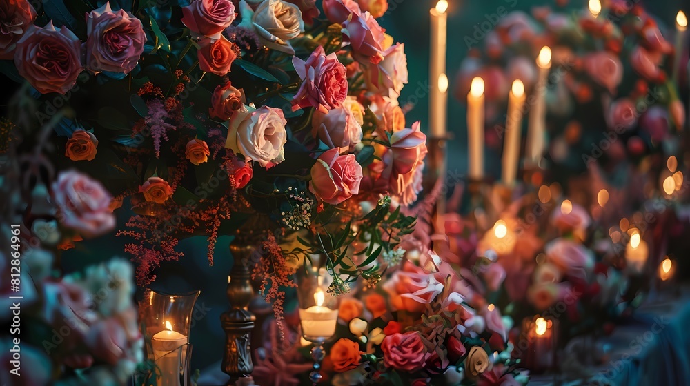 Enchanting wedding decor featuring intricate rose flower arrangements in various hues, accentuated by the flickering light of candles, casting a magical ambiance