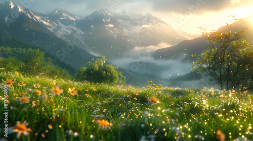 Fresh and Vibrant Alpine Meadows: Capturing the Early Morning Dew in a Photo Realistic Concept on Adobe Stock