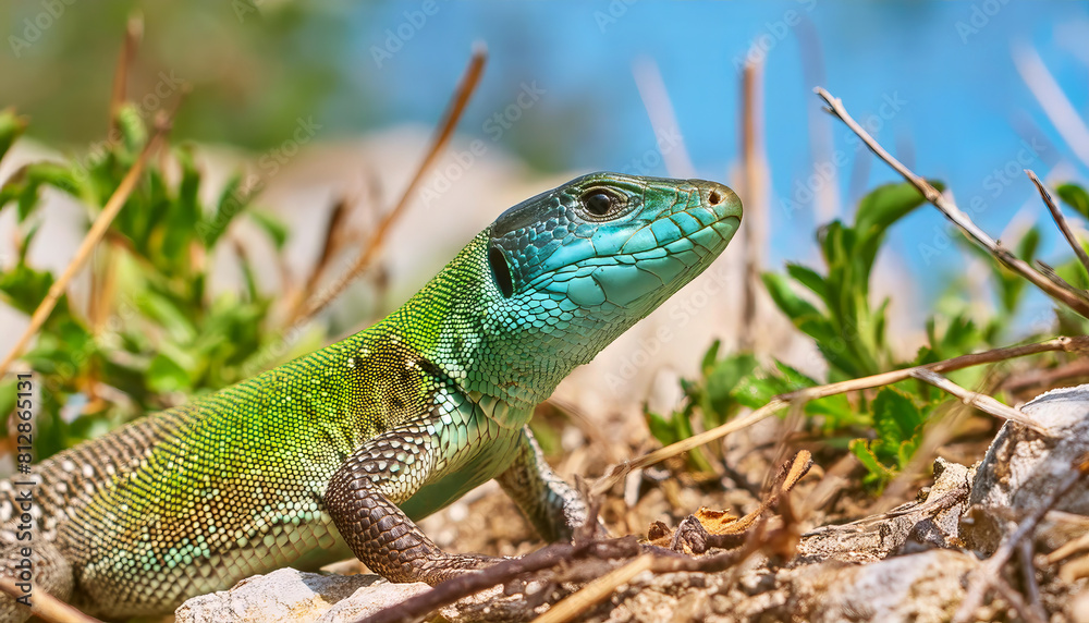 Colorful western green lizard at the Kaiserstuhl in Germany Colorful western green lizard at the Kaiserstuhl in Germany